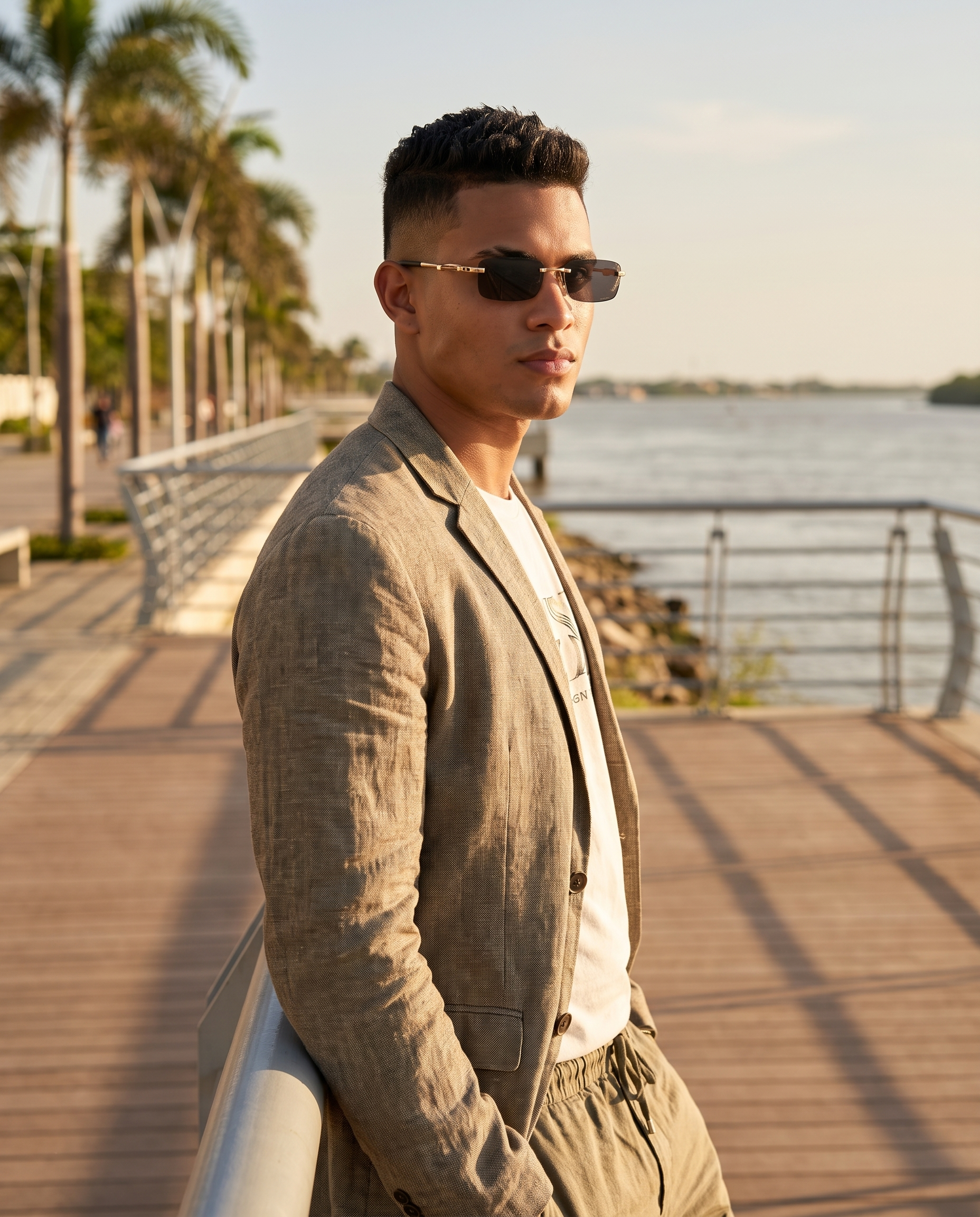 Modelo hombre con Oakley 3 Piezas Negra en el Malecon de Barranquilla
